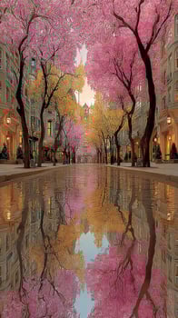 Blossoming trees reflect in tranquil water on a serene street during early spring in a city park photo