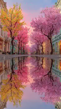 Cherry blossom trees reflect beautifully in a calm puddle during sunset in a vibrant street filled with colorful autumn foliage photo