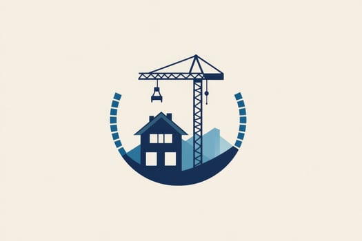 Modern construction company logo design featuring a house and crane in blue and gray tones representing reliability and quality photo