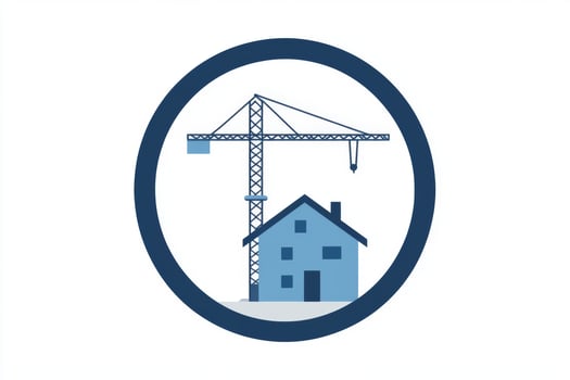 Modern construction company logo featuring a house silhouette and crane in blue and gray tones, symbolizing trust and quality photo