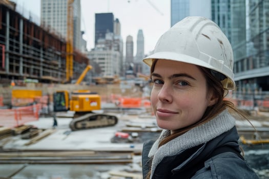 Woman in hard hat oversees construction at a bustling urban site with heavy equipment and towering buildings in the background photo