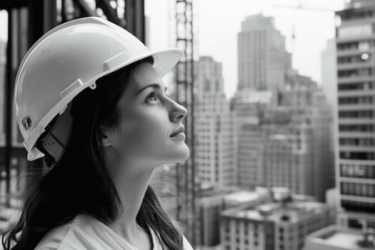 A woman in a hard hat looks thoughtfully at the construction site surrounded by tall buildings in an urban environment photo