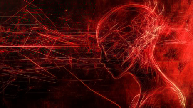 Futuristic abstract art featuring a human figure illuminated by glowing red lines in a cybernetic landscape at dusk photo