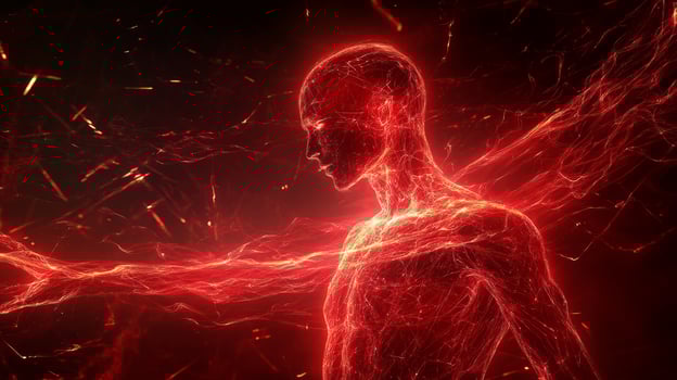Futuristic cyber-themed art featuring a human figure adorned with glowing red lines embodying energy and motion in a digital landscape photo