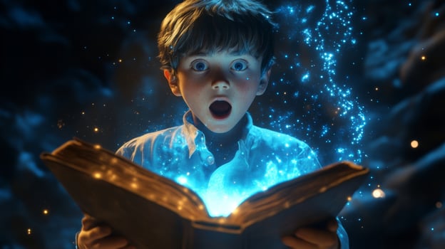 A boy in a white shirt shows surprise while holding an open book filled with glowing magical light in a mystical setting at dusk photo