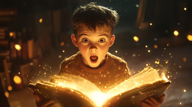A curious boy gazes in awe at an enchanted book filled with glowing magic in a cozy, dimly lit room photo