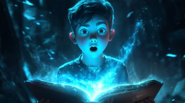 A boy with a surprised expression discovers a glowing book filled with magical light in a world of fantasy and wonder photo
