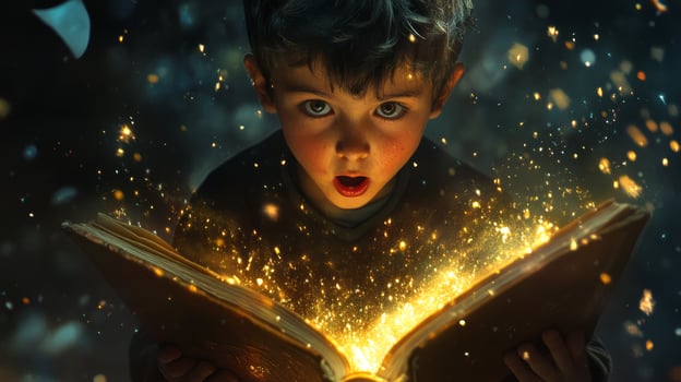 A boy experiences wonder while holding an open book that shines with magical light in a fantastical setting photo