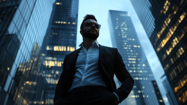 Confident businessman stands tall against skyscrapers in a modern urban landscape during twilight photo