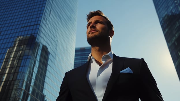 Confident businessman stands tall against urban skyscrapers in a modern cityscape during a bright sunny day photo