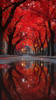 Vibrant red foliage reflects in calm water along a tree-lined pathway during autumn in a tranquil park setting photo