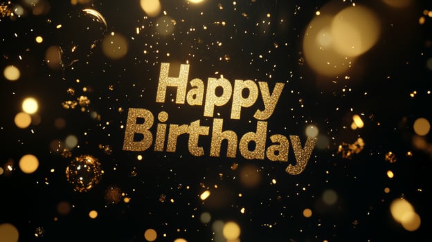 Celebrate in style with elegant Happy Birthday text adorned with golden sparkles on a luxurious black background for a festive atmosphere photo