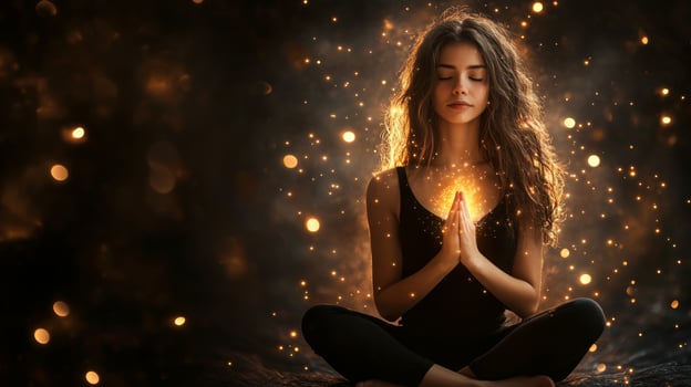 A girl meditates in a mystical setting with a glowing aura against a dark background filled with enchanting light effects photo