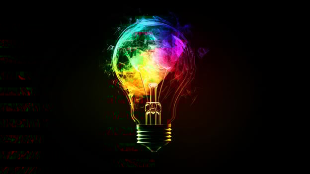 A vibrant lightbulb emitting colorful brilliance, representing creativity and innovative ideas against an abstract futuristic background photo
