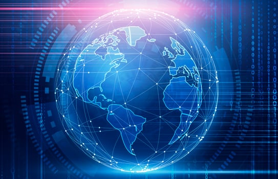Global Network Connection. Creative Illustration Of Digital World Globe Over Abstract Binary Code Background photo