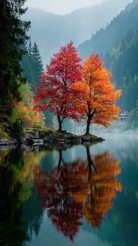 Vibrant autumn reflections of two trees beside a serene lake in the mountains photo