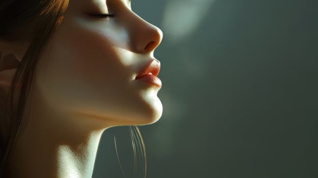 Elegant woman with perfect skin and serene expression in soft lighting, creating a calming atmosphere photo