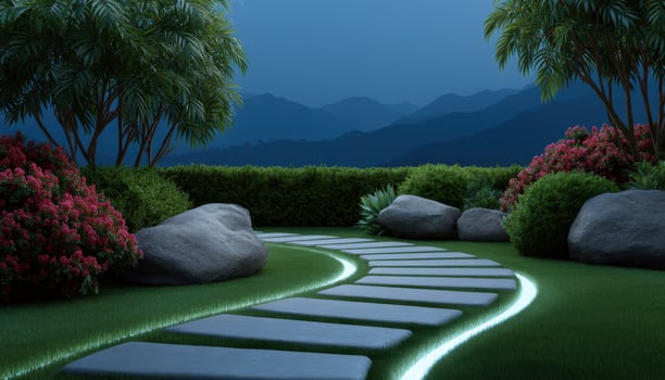 Enchanting natural backyard pathway with glowing stepping stones at night photo