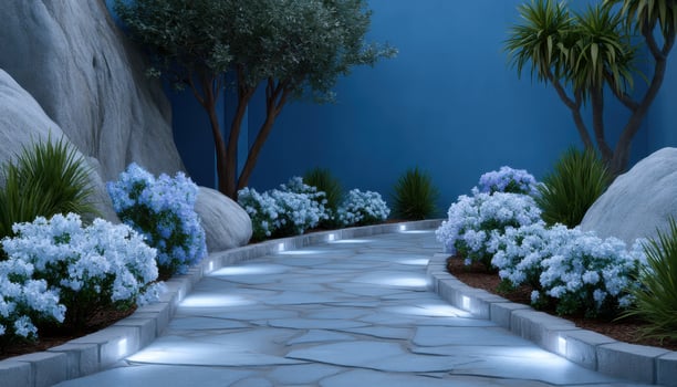 Beautiful backyard landscape design featuring minimal stone pathway and le standards photo