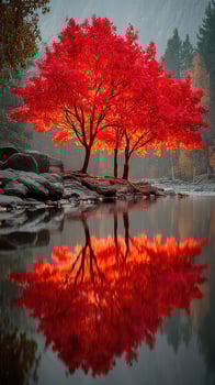 Vibrant autumn trees reflect in still waters of a serene lake at dawn in a forested landscape photo