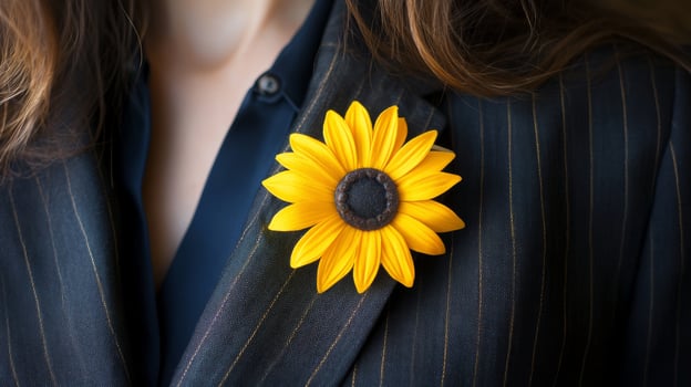 Young woman advocates for invisible disabilities with sunflower brooch during awareness week in professional setting photo