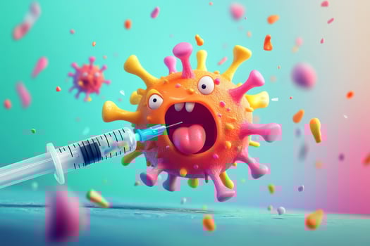 A colorful cartoon virus looks scared while being vaccinated by a syringe in a playful depiction of health benefits for children photo