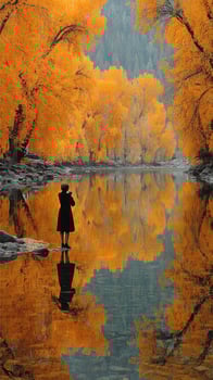Woman capturing autumn reflections by a tranquil river surrounded by vivid orange trees photo