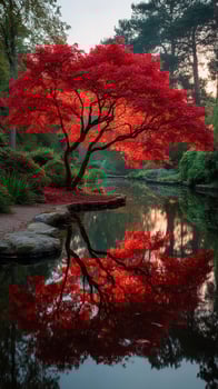Vibrant red tree reflecting in calm water at sunrise in a serene garden setting photo