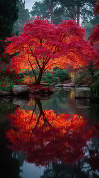 Vibrant autumn foliage reflected in tranquil water at a serene garden setting photo