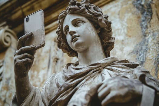 Antique stone statue playfully taking a selfie with a smartphone in an art-filled historical location photo