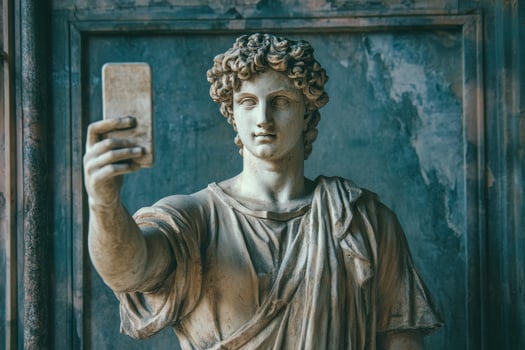An antique stone statue captures a modern moment taking a selfie with a smartphone against an ornate background photo