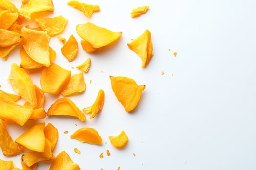 Chopped dried mango slices scattered artistically on a clean white background showcasing a healthy snack option for any time of day photo