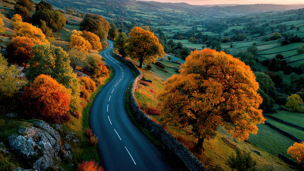 Scenic autumn landscape with winding road surrounded by vibrant orange trees at sunset in countryside photo
