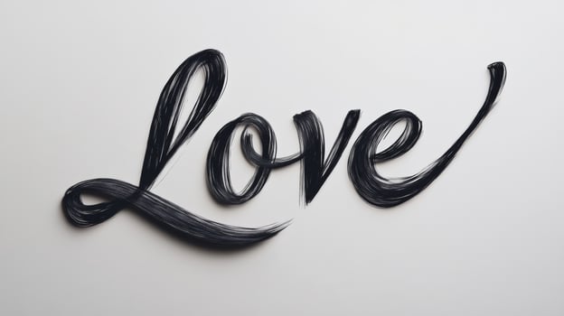 Elegant black cursive text spelling love with a flowing underline against a minimalist white backdrop creating a romantic atmosphere photo