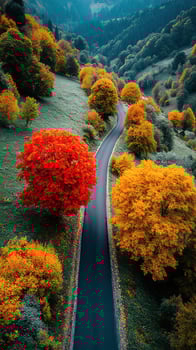 Vibrant autumn landscape featuring a winding road surrounded by colorful trees in hilly terrain photo