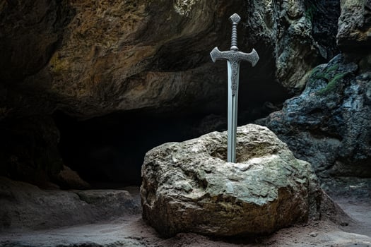 Excalibur the legendary sword embedded in rock, surrounded by ancient cave formations in a mystical setting photo