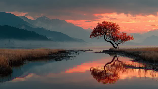 Vibrant sunset over a tranquil lake with a solitary tree and mountains in the distance photo