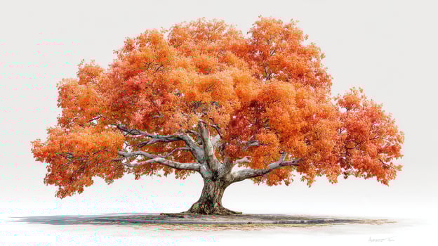 Majestic autumn tree with vibrant orange leaves standing alone in a serene landscape photo