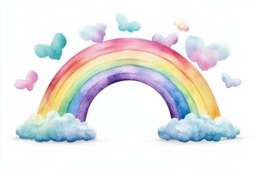 A cute watercolor illustration of a rainbow with fluffy clouds and colorful butterflies on a bright white background photo