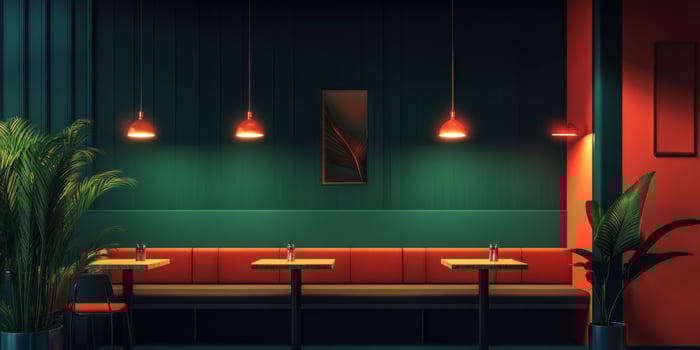 Vibrant restaurant interior with colorful seating and mockup frames designed for an inviting dining experience photo