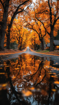 Beautiful autumn reflection on a tranquil country road lined with vibrant orange trees photo