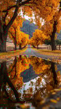 Vibrant autumn trees lining a peaceful road reflect in calm water at mountain backdrop in golden hour photo