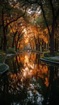 Majestic autumn sunset reflecting on a tranquil lake surrounded by golden trees in a peaceful park setting photo