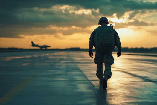 Soldier returning home at sunset from military service, walking toward the airstrip after deployment photo