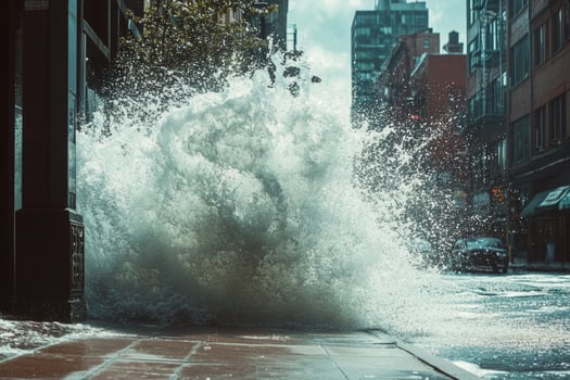 A massive ocean wave crashes onto a city sidewalk, showcasing nature's power against urban infrastructure in a coastal city photo