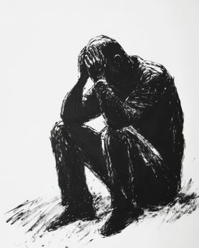 A man sits alone in despair, resting his head in his hands against a monochrome, light gray background, expressing feelings of isolation and sadness photo