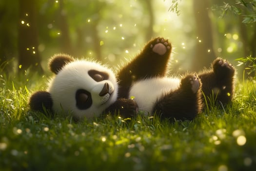 A fluffy panda playfully rolls in lush green grass under soft natural light during a serene afternoon in the forest photo