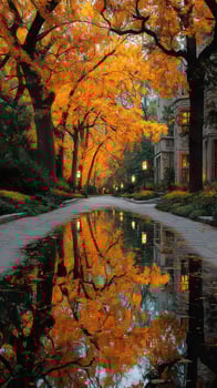 Colorful autumn trees reflect in still water along a tranquil path in a serene park during golden hour photo