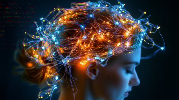 Abstract representation of a human brain with glowing neurons in blue and orange hues, showcasing a high-tech medical theme photo