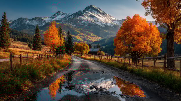 Colors of autumn reflect in puddles along a dirt road leading to a mountain landscape at sunset photo